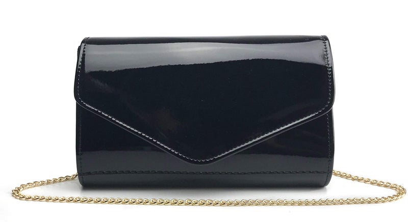 HOXIS Glossy Envelope Evening Clutch Faux Patent Leather Women Chain Shoulder Bag Solid Color Purse (Black) - Image 2